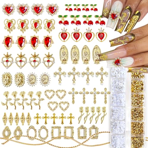 SilkRoselw 80pcs Gold Cross and Red Heart Nail Charms Set for Acrylic Nail Art
