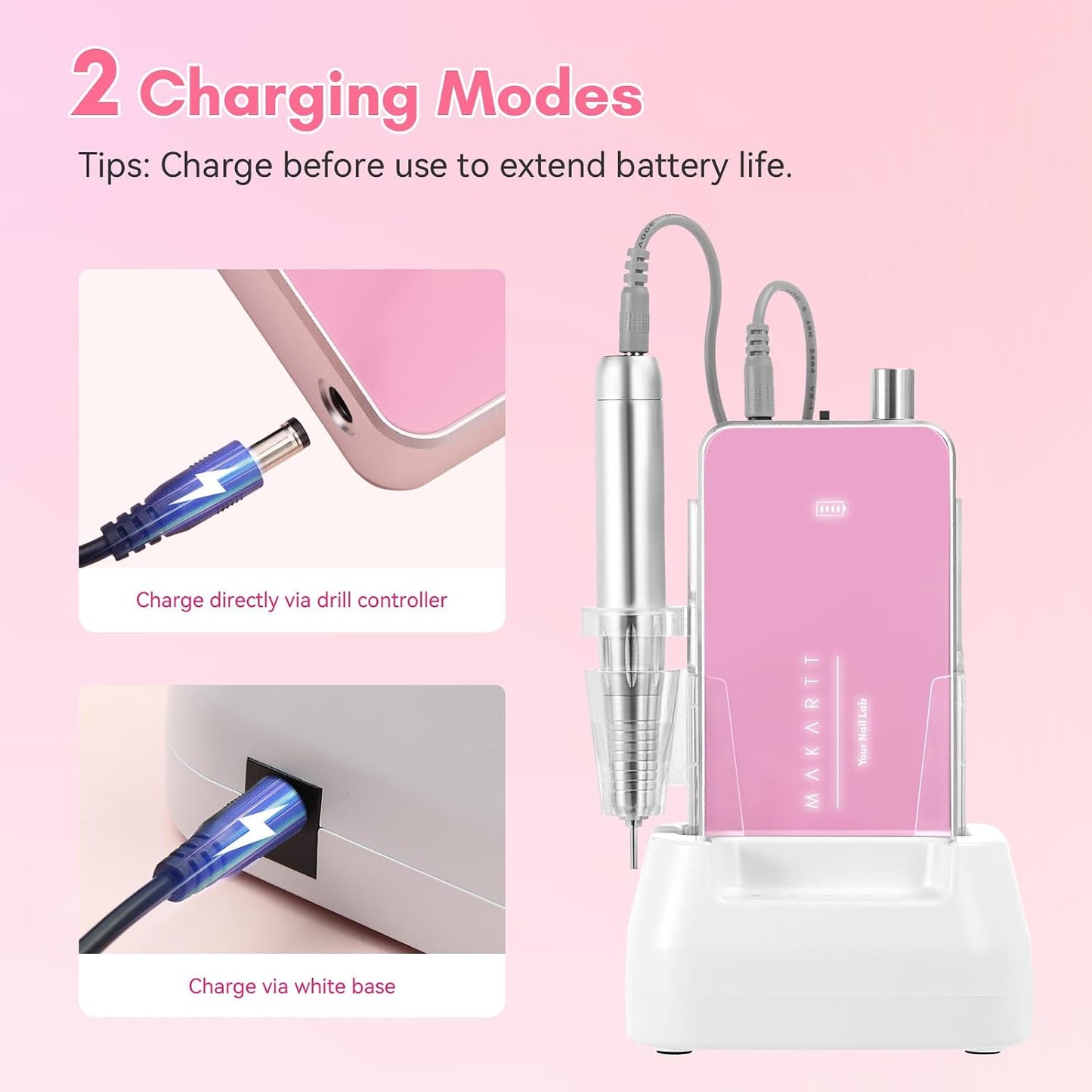 Makartt Nail Drill - 35,000RPM Rechargeable Electric Nail File for Acrylic & Gel Removal | 2-in-1 Portable & Desktop, LCD Display, Nouvella Pink