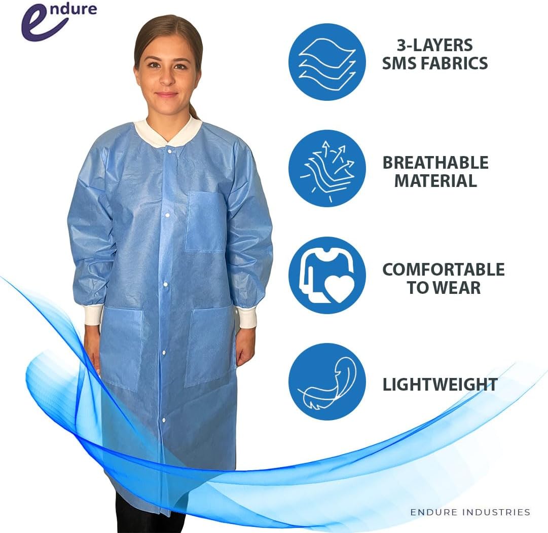 Endure Lab Coat - Disposable Knee-Length with Knit Cuffs | Premium SMS Material, Box of 10