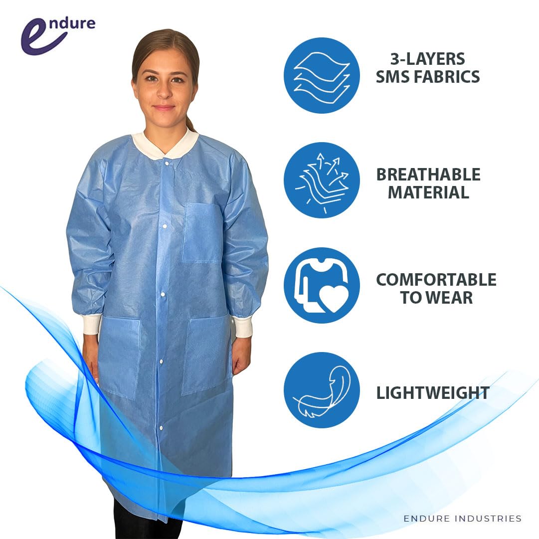 Endure Lab Coat - Disposable, Knee Length, Knit Cuffs, Knit Collar- Premium SMS Material, Box of 10 (XXL)