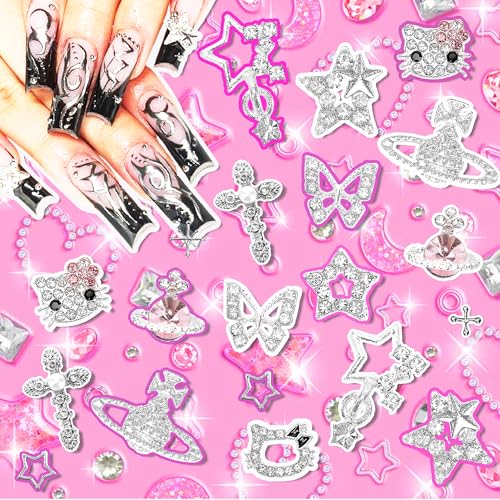 Namifin Silver 48PCS Y2K Nail Charms & Gems for Nail Art, 3D Star Butterfly Planet Cross Designs