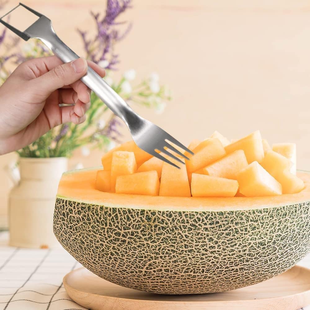 2-in-1 Stainless Steel Fruit Cutter, 2026 New Watermelon Fork Slicer Cutter Slicer Tool, Dual Head Fruit Forks Slicers Knife for Home Parties Camping (2Pcs)