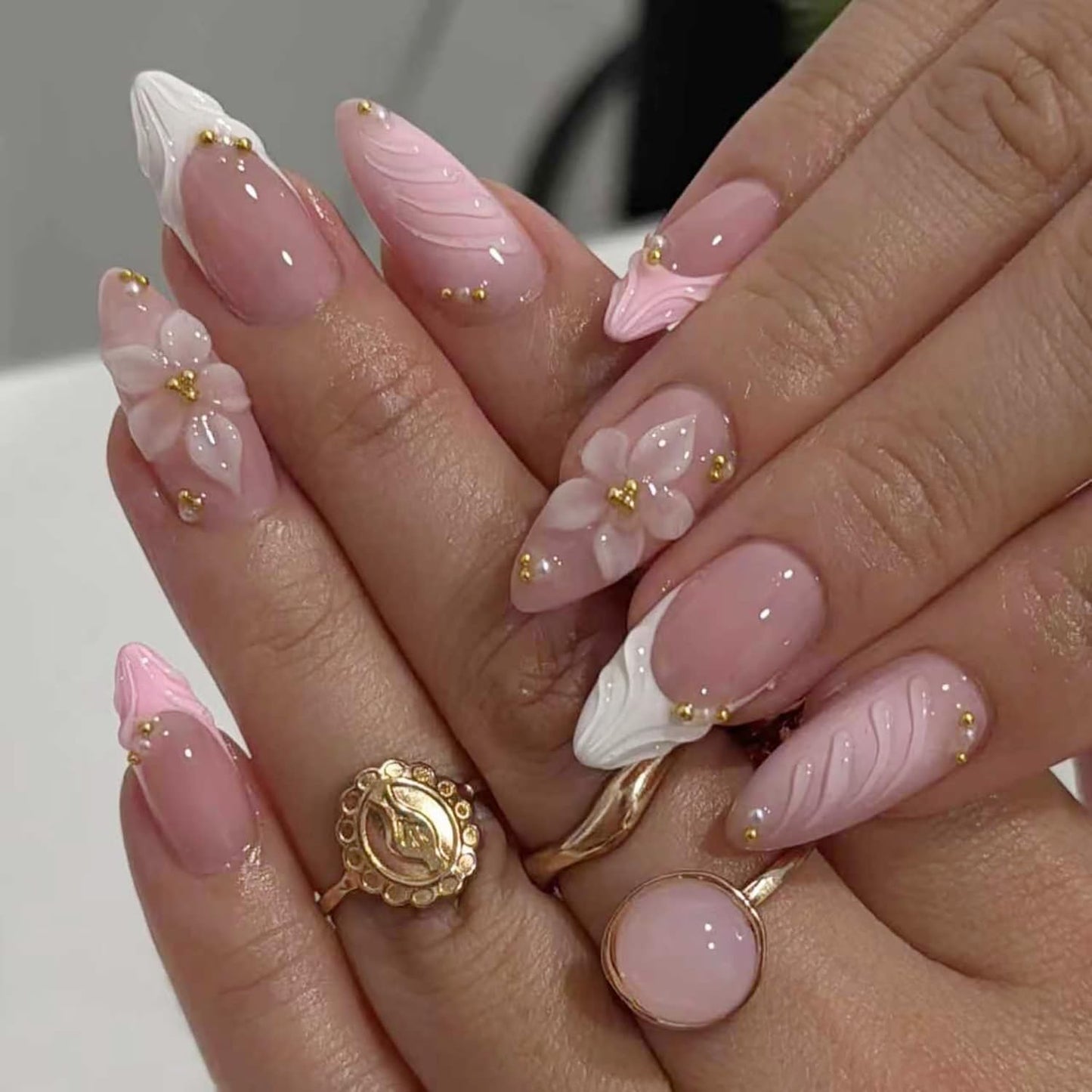 Press-On Nails - 24Pcs Pink Floral Almond French Tips with Gold Beads | Full Cover Artificial Acrylic for Women