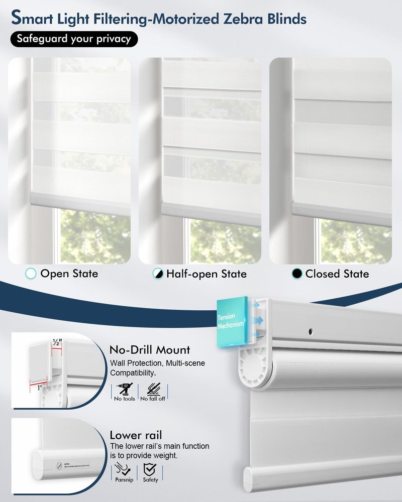 LICHTDIM24 No Drill Motorized Zebra Blinds with Remote,Cordless Shades Dual Layer,Thermal Insulated Upgraded Shades(White,33.5" W x 72" H)