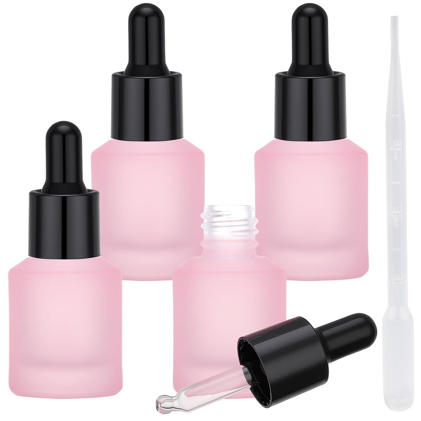 Segbeauty 0.5oz Frosted Glass Bottle with Dropper for Essential Oils, 15ml Small Travel Glass Dropper Bottle Refillable, 4pcs Pink Empty Travel Size Bottles for Hair Oils Liquids with Transfer Tool