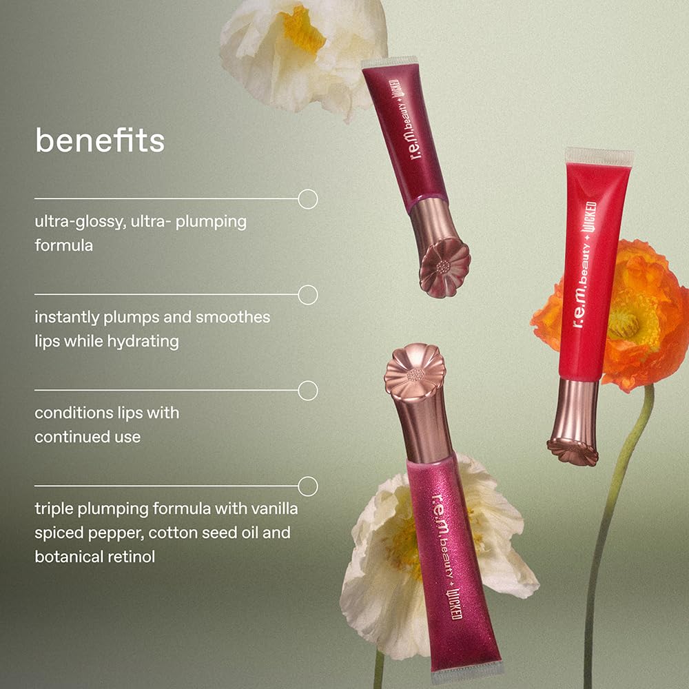 r.e.m. beauty by Ariana Grande Wicked: For Good | Poppy Plumping Lip Gloss | Poppy Punch | Instant Plumping Effect for Hydrated, Softer and Smoother Lips | Silky, Non-Sticky Feel | 0.34 Fl Oz