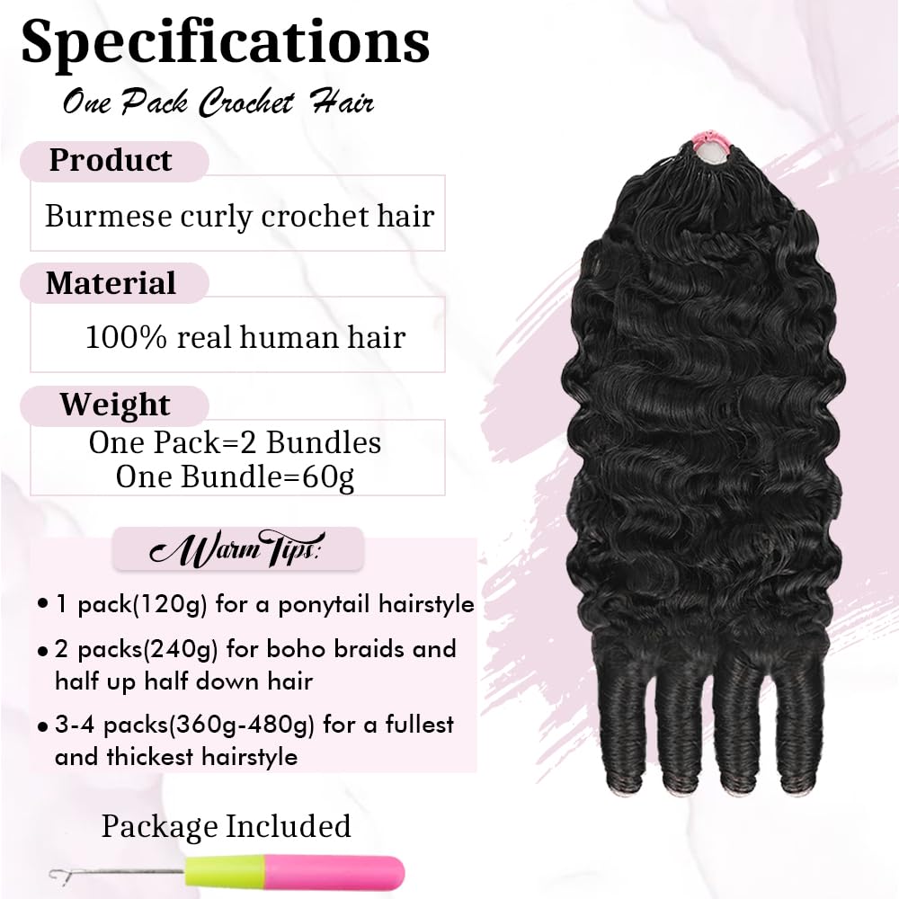 Burmese Curly Crochet Hair - 120g Knotless Pre-Separated Bundles | 16-Inch Natural Black for Black Women