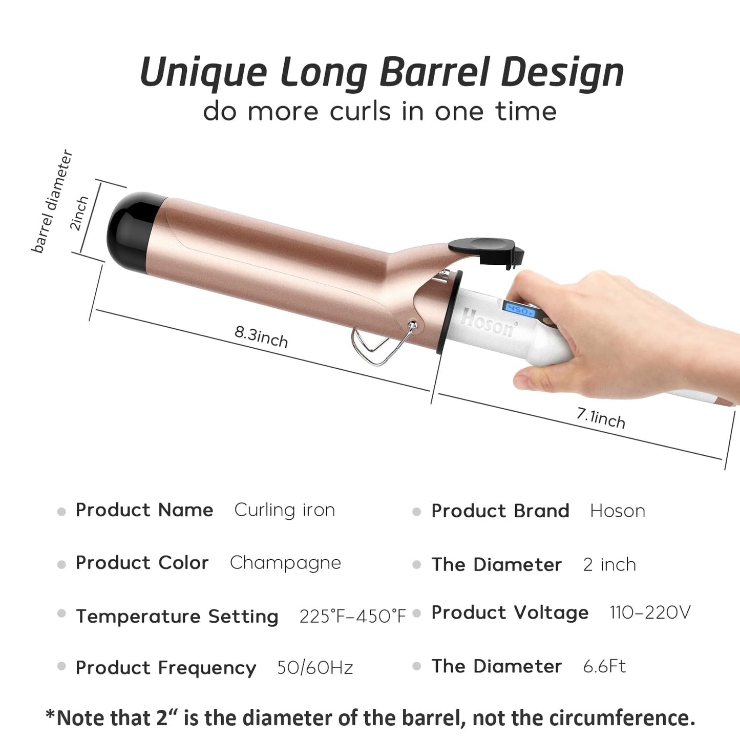 Curling Iron - 2 Inch Large Barrel Dual Voltage Ceramic Tourmaline Wand with LCD Display & Glove Included