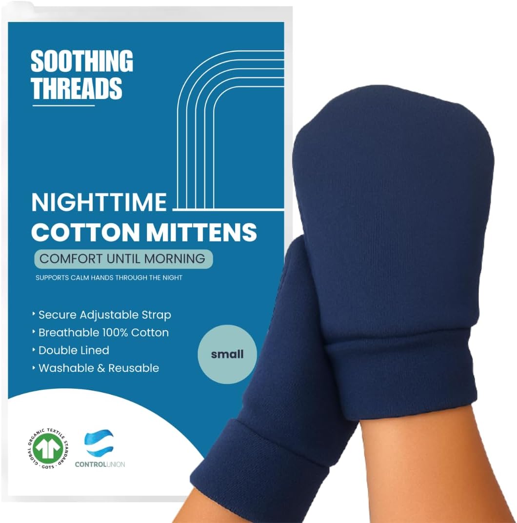 Organic Cotton Eczema Mittens for Adults - Anti-Scratch Nighttime Gloves with Adjustable Strap | Reusable & Washable, Navy, Medium
