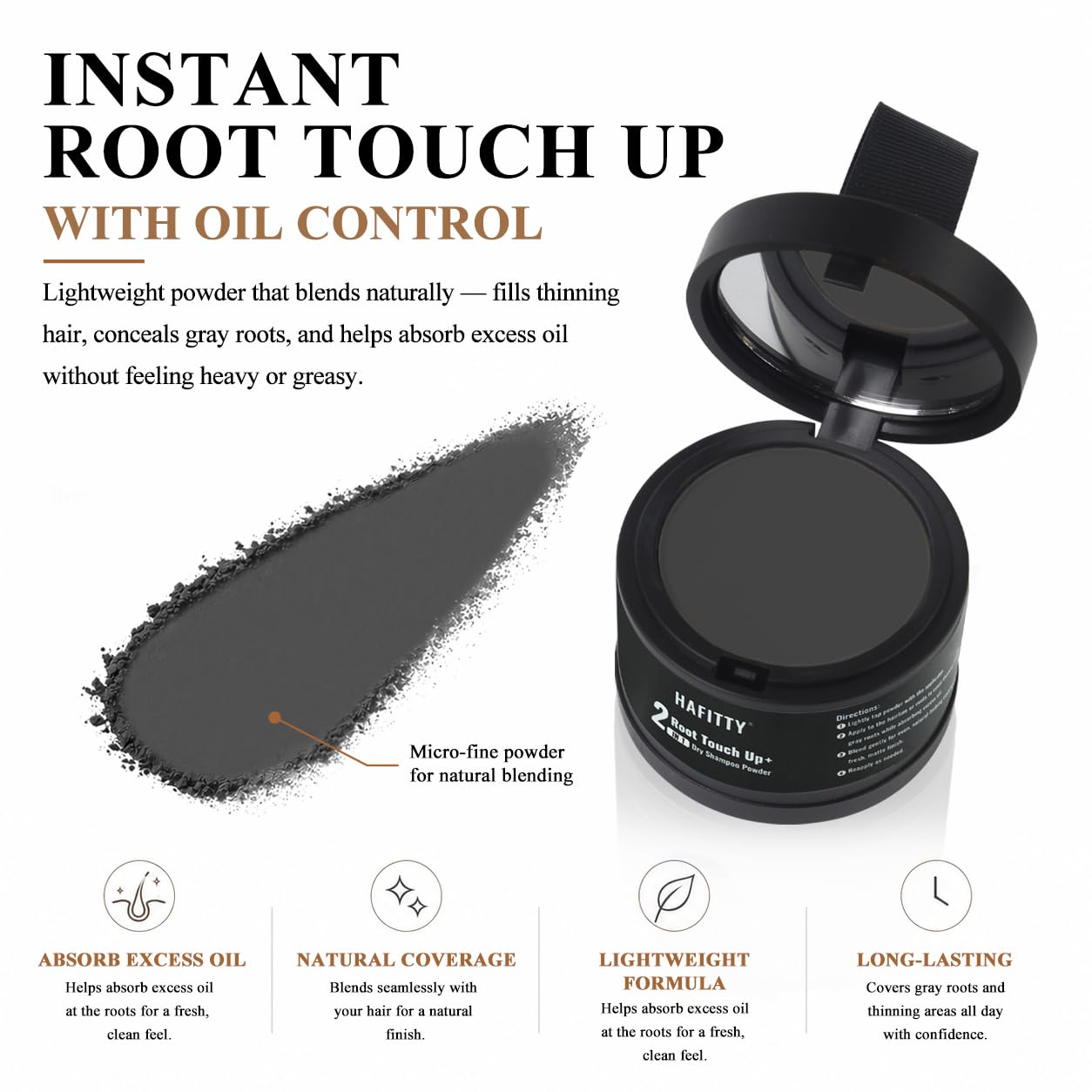 HAFITTY Root Touch Up Powder, Covers Gray Roots & Sparse Hair, Absorbs Excess Oil, All-Day Coverage, Natural Looking Finish, Easy to Apply, Hairline Powder for Women & Men (Black)