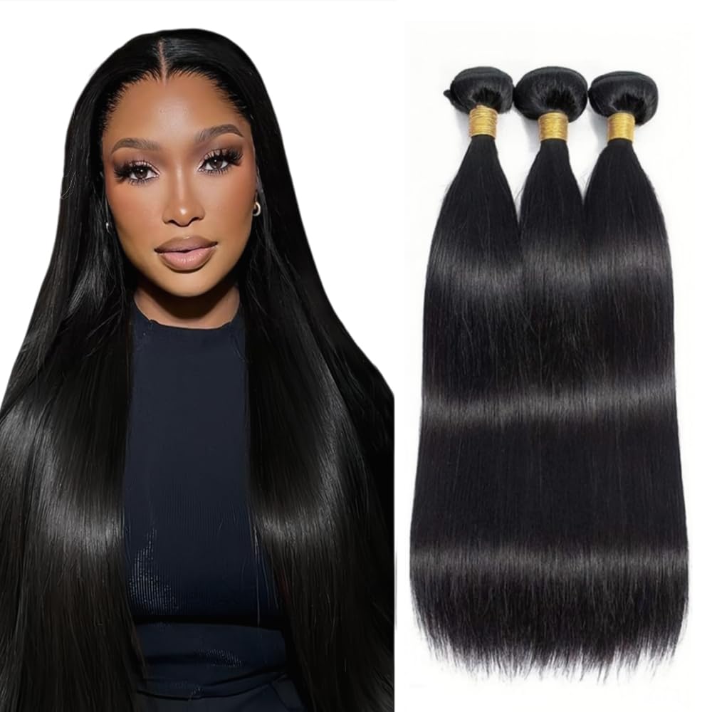 24 26 28 Inch Straight Human Hair Bundles Black Human Hair Bundles Straight Color 1B Bundle Weave Bundle Extension for Women HuxoWax Natural Color 150g