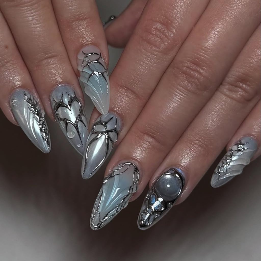 Press On Nails Almond - Medium Aurora Design Full Cover Fake Nails | 24 Pcs White Stick-On for Women