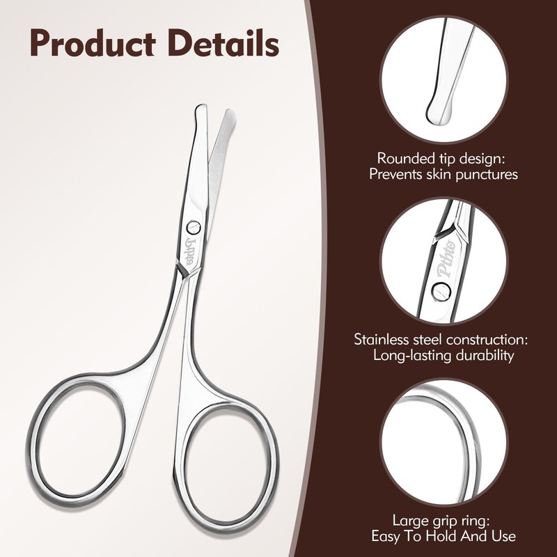 PTBTO Eyebrow Scissors, 3.75” Round Tip for Safe Nose Hair, Mustache & Bikini Trimming, Premium Stainless Steel Small Scissors with Case