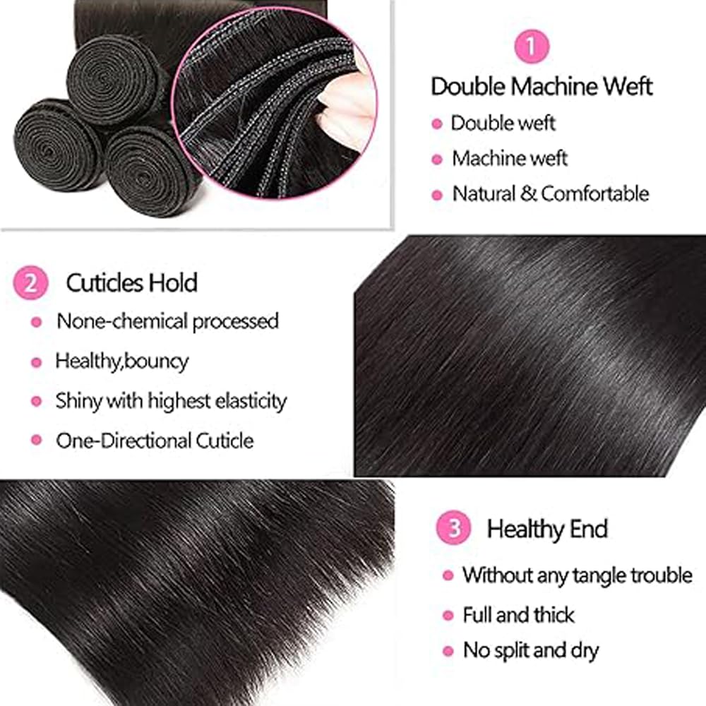 28 30 32 Inch Straight Bundles Human Hair 3 Bundles Brazilian Remy Hair 50 Grams/Bundle 10A Grade Unprocessed Virgin Hairs #1B Natural Black Color Straight Bundle Weaves Hair Extensions