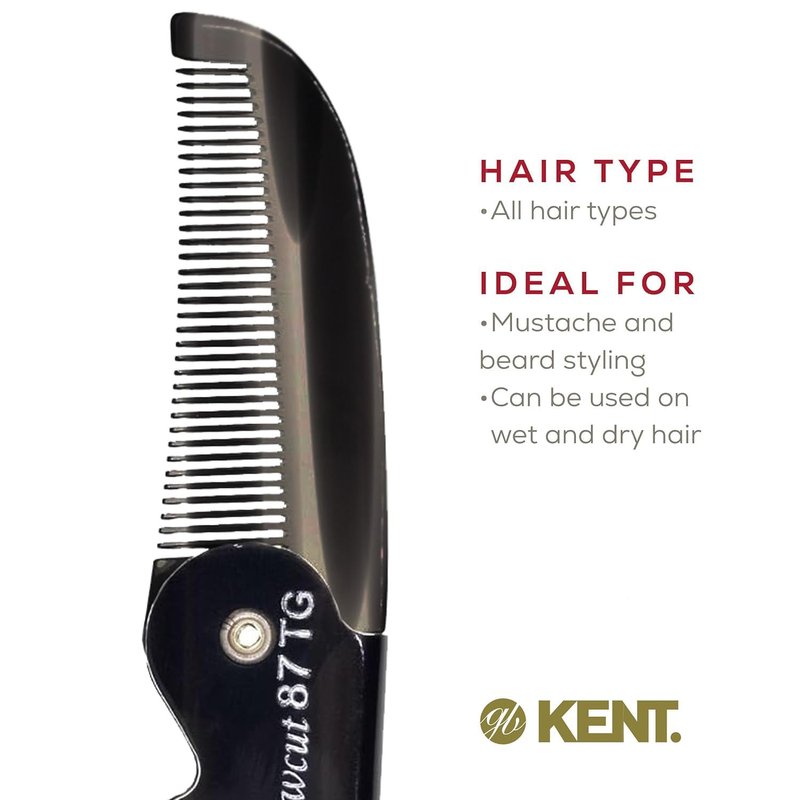 Kent 87T TW Handmade Folding Pocket Comb for Men, Fine Tooth Hair Comb Straightener for Everyday Grooming Styling Hair, Beard or Mustache, Use Dry or with Balms, Saw Cut Hand Polished, Made in England