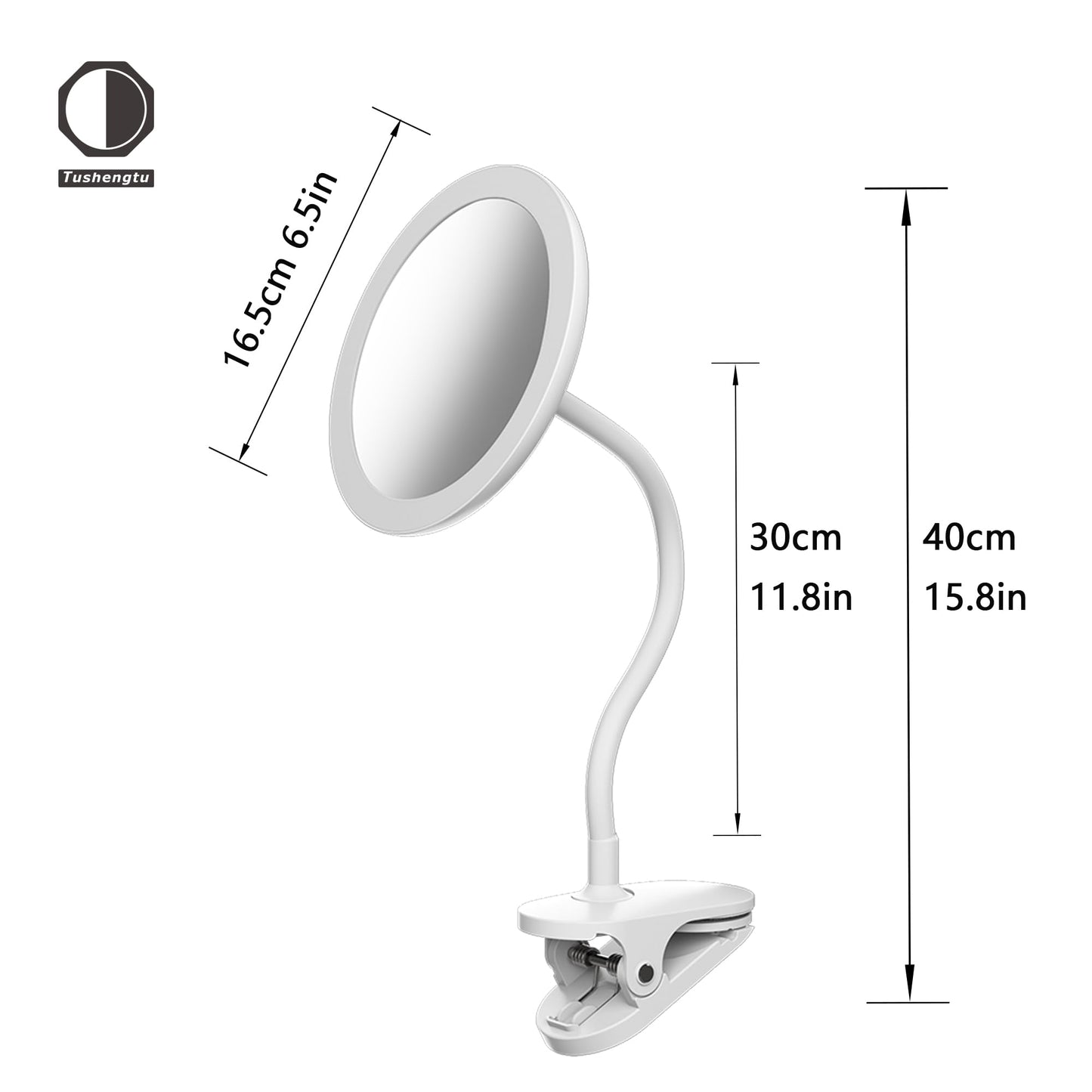 TUSHENGTU 6.5" Clip-On Magnifying Vanity Mirror - 5X Magnification, USB Rechargeable, Lighted, Travel-Friendly (White)