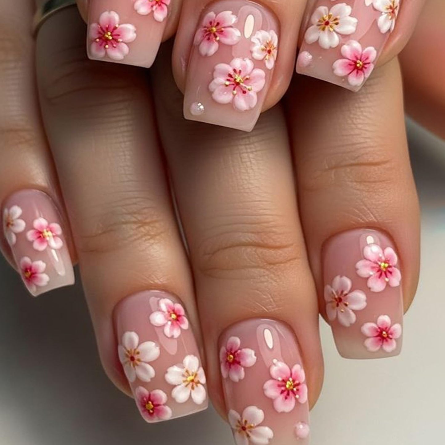 Summer Press-On Nails - Short Square Fake Nails with Sunset Coconut Trees Design | 24 Pcs Glossy Blue French Tips, Reusable Manicure