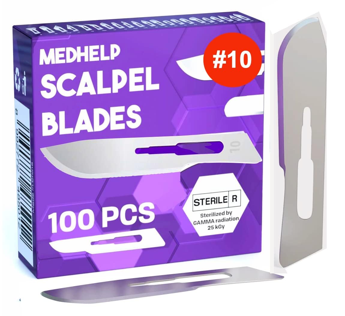 MedHelp Disposable Scalpel Blade #10 Pack of 100, Size 10 Surgical Blades, High Carbon Steel Dermaplane Blades. Individually Wrapped, Sterile
