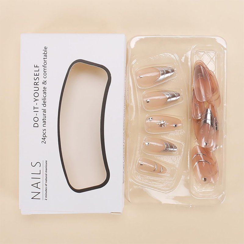 French Tip Press-On Nails - 24Pcs Medium Almond Silver Design | Glossy Full Cover Acrylic with Diamond Accents