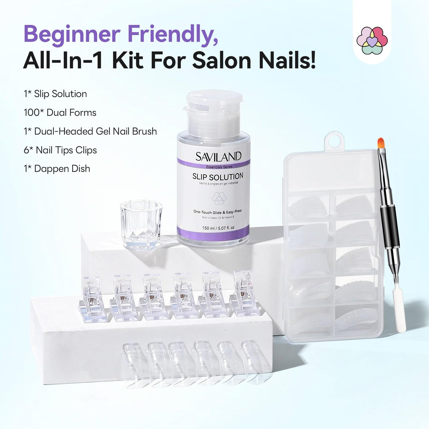 SAVILAND Slip Solution Kit for Poly Gel: 5.07fl.oz Large Anti-Stick Gel Liquid for Poly Gel, All-In-1 Nail Kit with Dual-Ended Nail Brush Dual Forms Dappen Dish for Beginners Nail Art Extension DIY