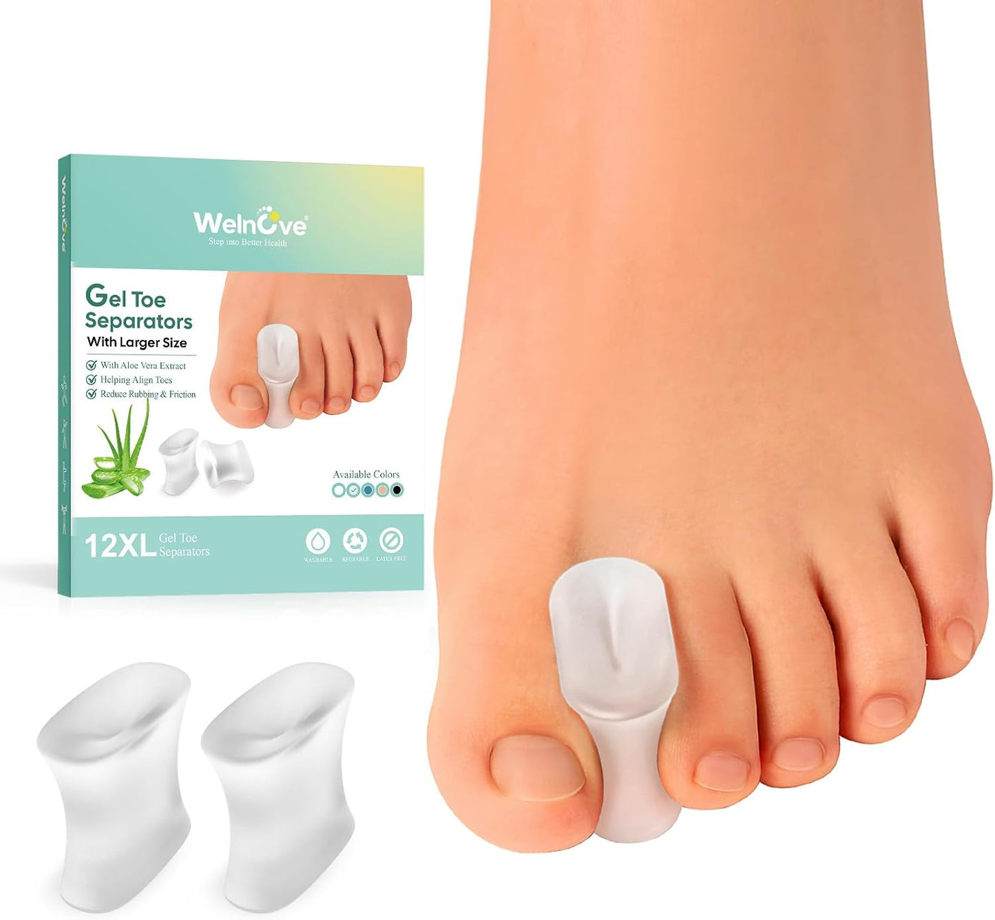Welnove Gel Toe Separators - Bunion Pads for Straightening Overlapping Toes | 12-Pack, Transparent