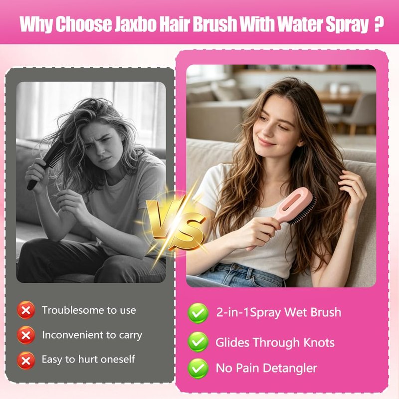 2-in-1 Hair Brush with Water Spray - Wet & Dry Detangler for Wavy & Straight Hair | 50ml Reservoir, Anti-Frizz