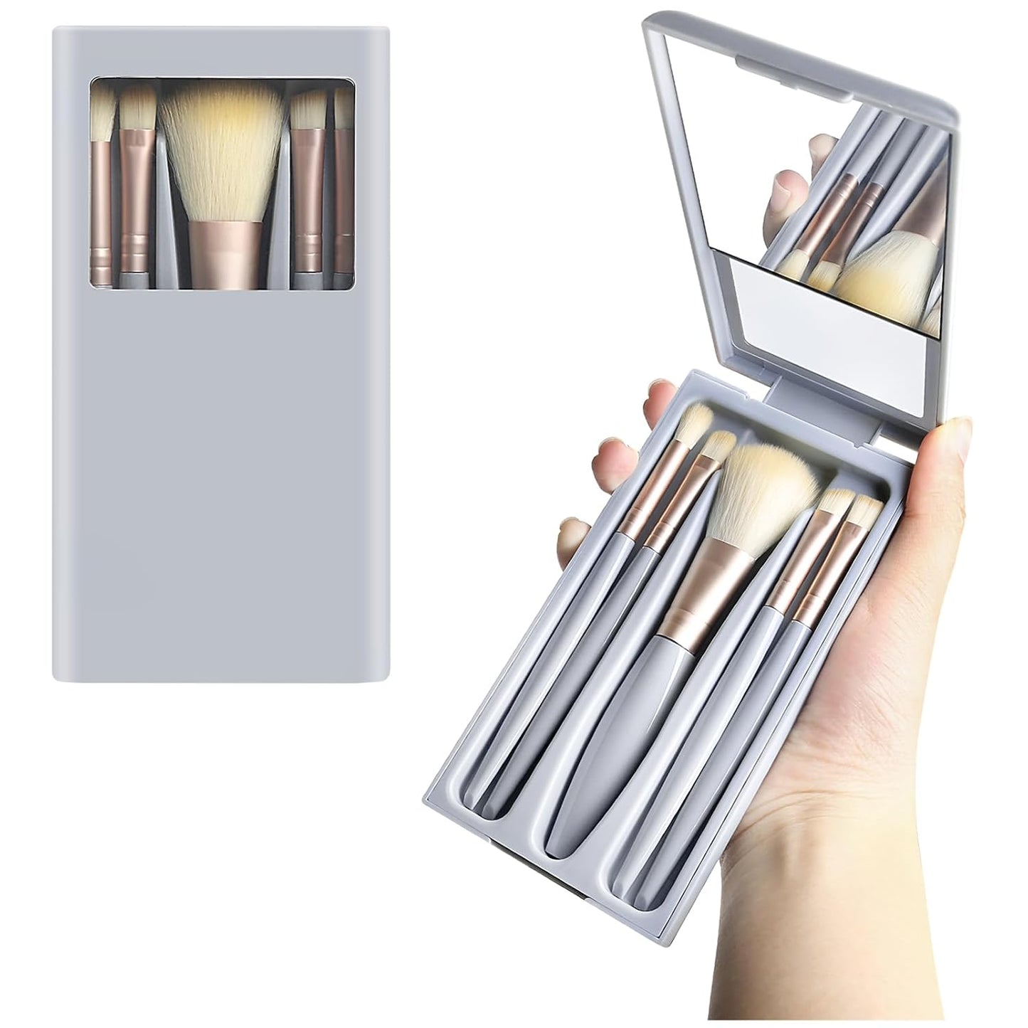 Travel Makeup Brush Set - Portable 5 PCS Mini Brushes with Mirror | Essential Cosmetic Tools for Eyeshadow & Contour (Blue)