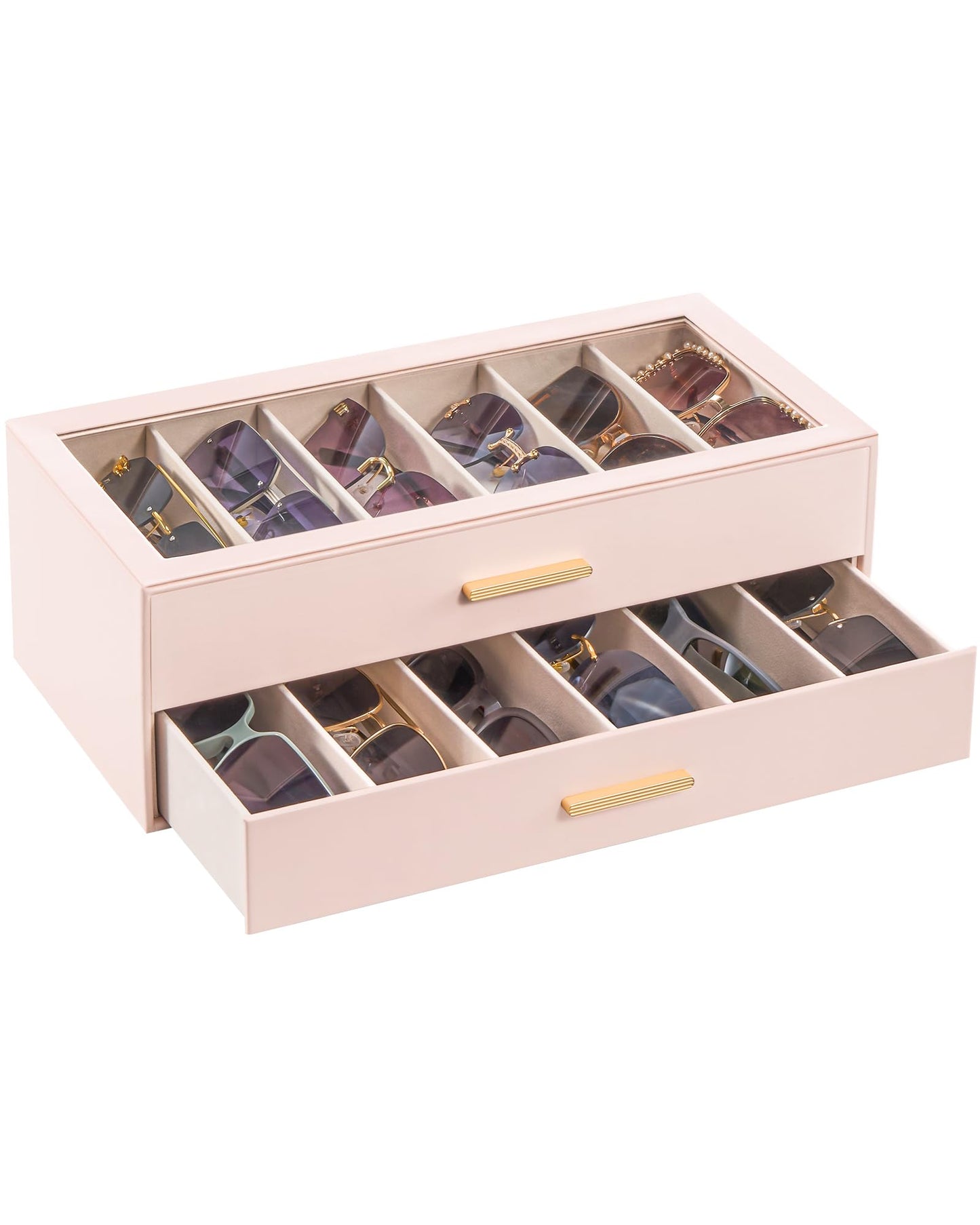 Lolalet 12 Slots 2-Layer Sunglasses Storage Box for Women, Eyewear Eye Glass Sunglass Organizer with Clear Top Lid Display Holder Case for Sunglasses Eyeglass Watch Jewelry -Pink