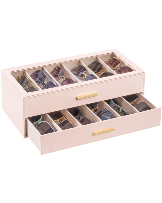 Lolalet 12 Slots 2-Layer Sunglasses Storage Box for Women, Eyewear Eye Glass Sunglass Organizer with Clear Top Lid Display Holder Case for Sunglasses Eyeglass Watch Jewelry -Pink