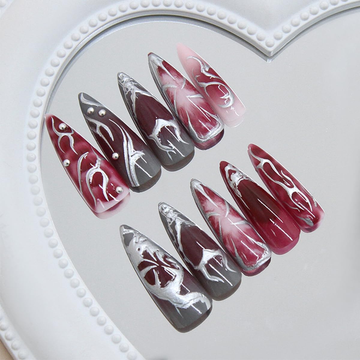 Gothic Press On Nails - Long Stiletto Acrylic Nails with 3D Metal Balls | Dark Red Gradient, 24 Pcs