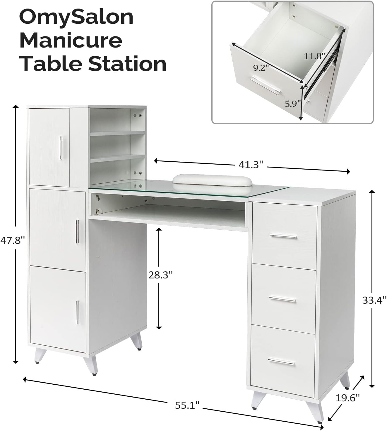 OmySalon Manicure Table - Nail Desk with Glass Top & Wrist Rest | Acetone Resistant, 3 Cabinets & Drawers for Nail Tech