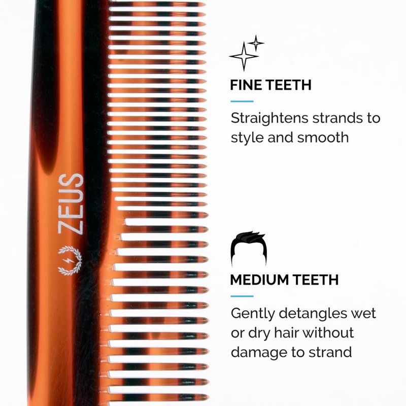 ZEUS 7.5” Large Hair Comb for Men, Handcrafted Saw-Cut Design with Non-Static Material for Smooth, Tangle-Free Styling (Traditional) Y11