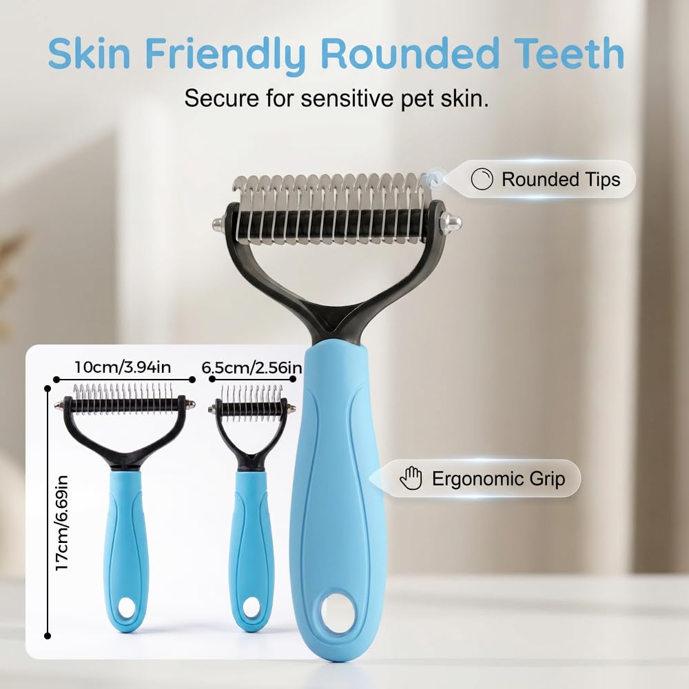 Pet Pro Grooming Tool, 2026 New Double-Sided Pet Grooming Brush, Multi-Functional Pet Brush, Portable Shedding Rake for Home Use, Professional Groomers (Blue, Medium)