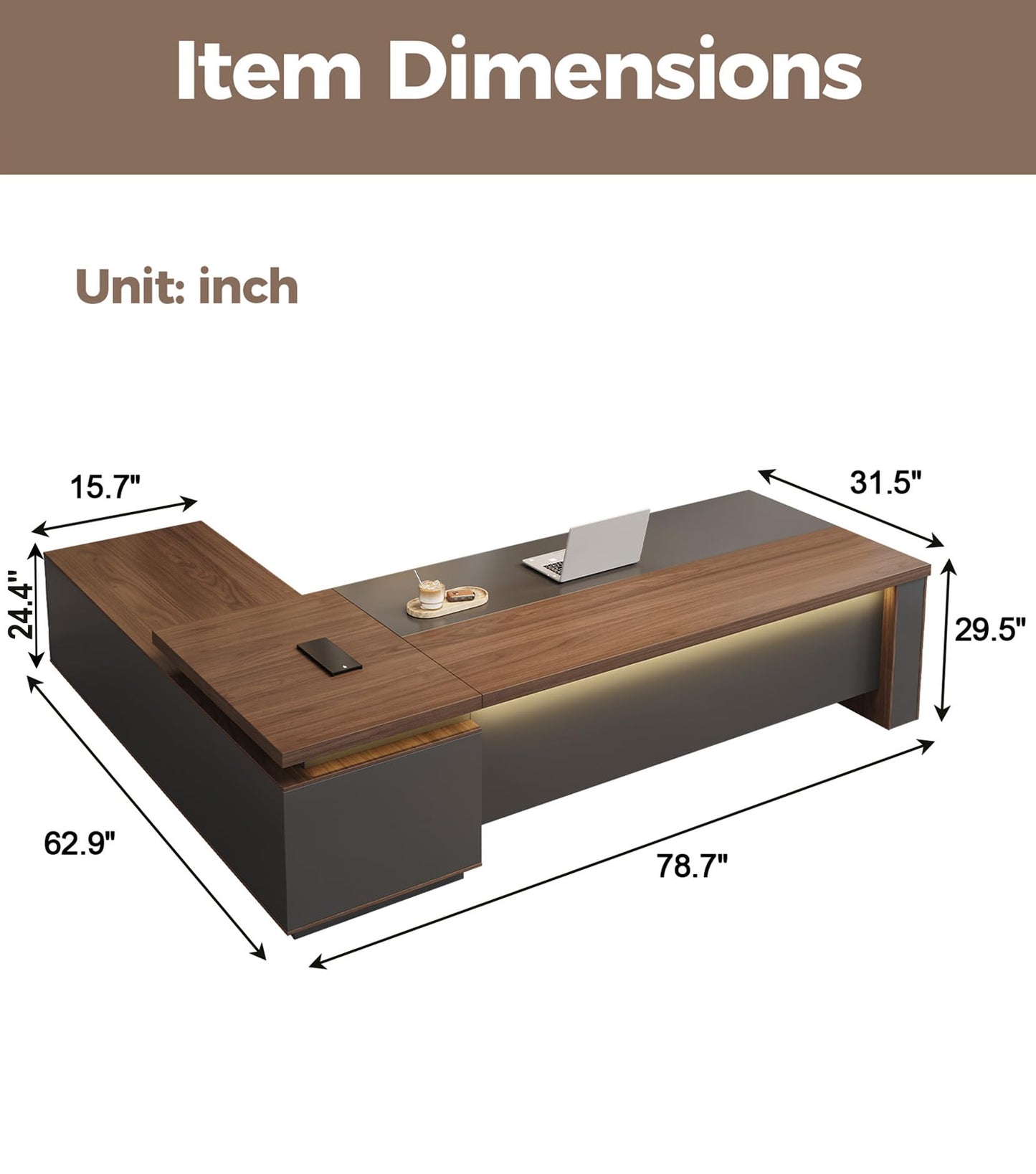 Anzhap 79" Reversible L-Shaped Executive Desk with Power Outlets & LED Lighting, Large Modern Office Desk with Drawers & Storage Shelves for Home Office, Corporate, School (79" W x 63" D x 30" H)