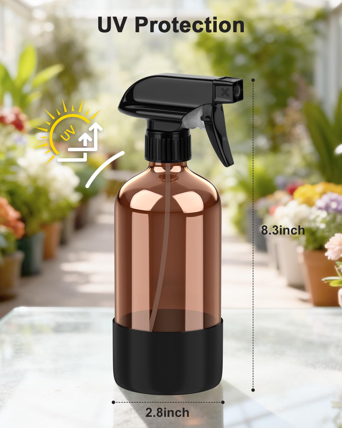 Bontip Amber Glass Spray Bottle with Silicone Sleeve Protection, 16 oz Refillable Spray Bottles for Cleaning Solutions, Plants, Aromatherapy, Facial Hydration (1, Black, 16 oz)
