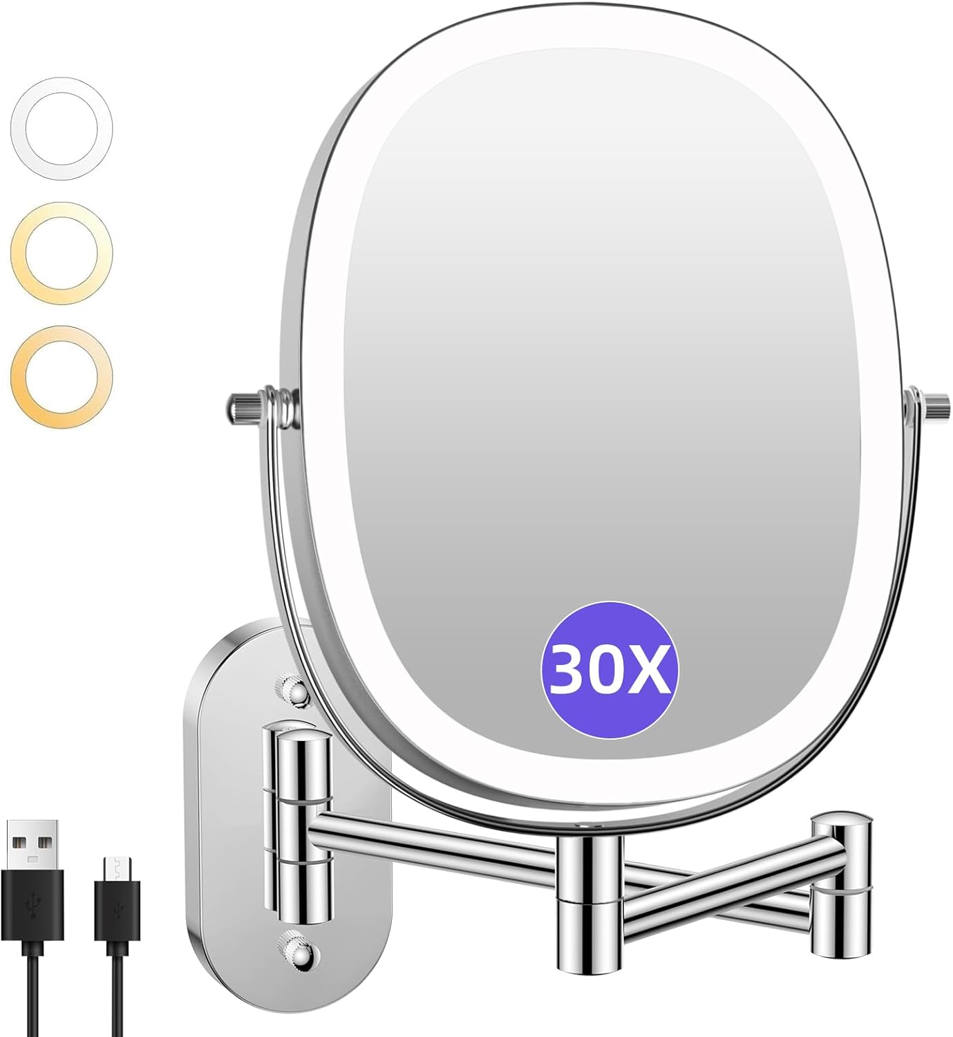 FUNTACH 30X/1X Wall Mounted Lighted Makeup Mirror - Rechargeable Double-Sided Magnifying Design | 3 Color Modes, 360° Rotation
