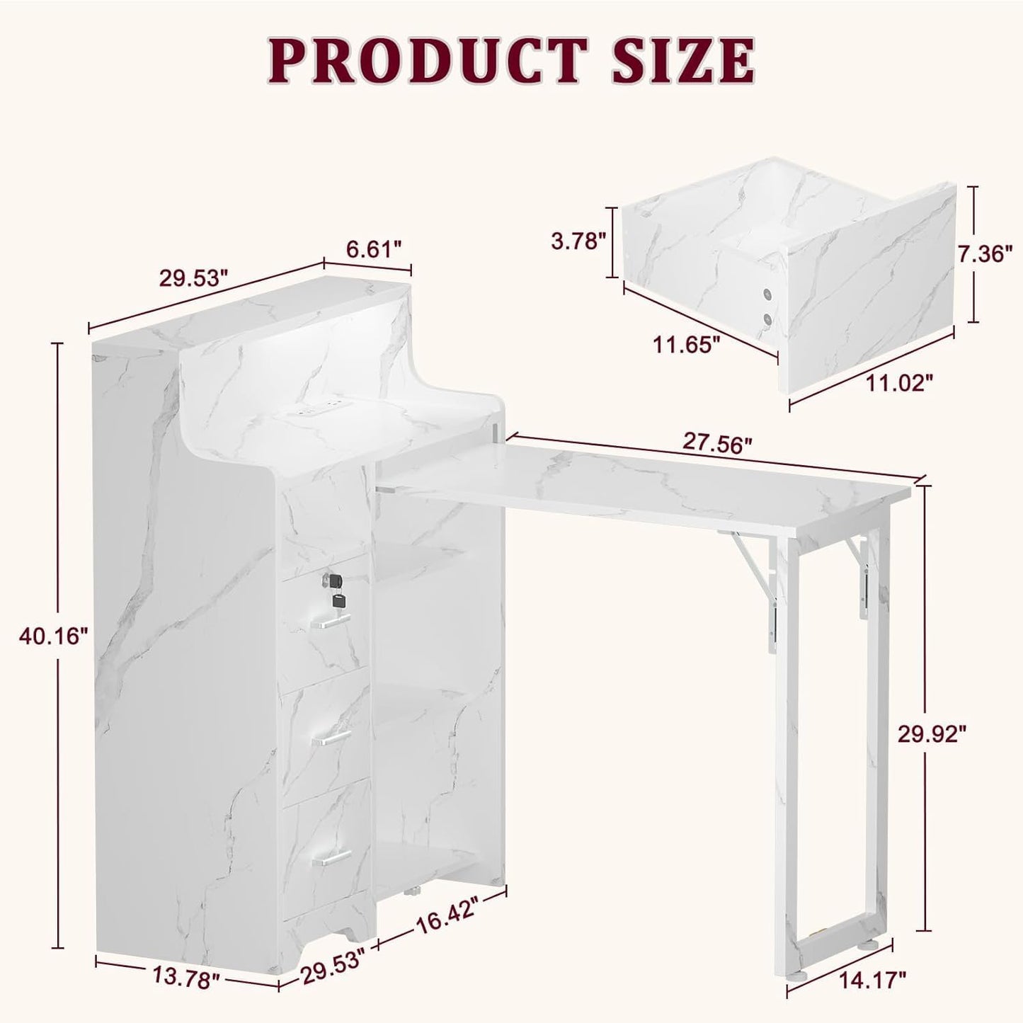 Foldable Nail Desk - L Shape Manicure Table with Cabinet Drawer & Charging Station | Portable Marble Beauty Salon Workstation