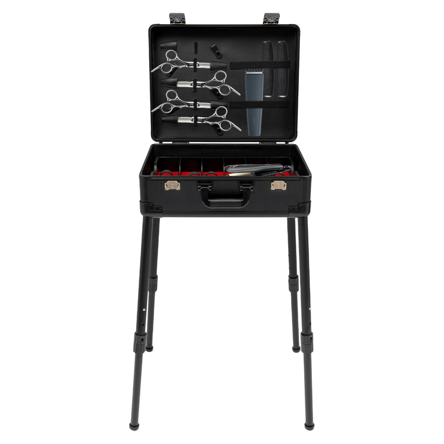XUFOPLY Mobile Barber Station, Professional Barber Toolbox Floorstanding Barber Carrying Case with 18.11-31.5in Adjustable Height Legs & TSA Lock for Barbershop, Hair Salon (Black)