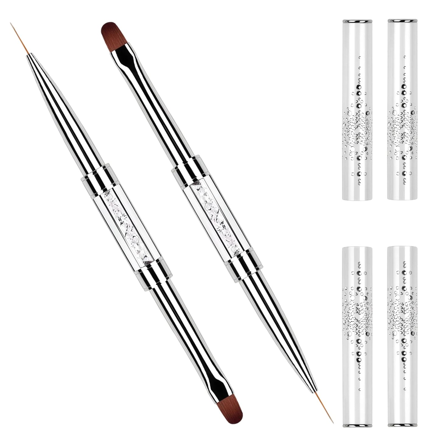 2Pcs Professional Hard Gel Nail Brushes, Dual-Ended Builder Gel Brush Set with Rhinestone Handle, Oval & Liner Brushes for French Tip, Acrylic & Polygel Application