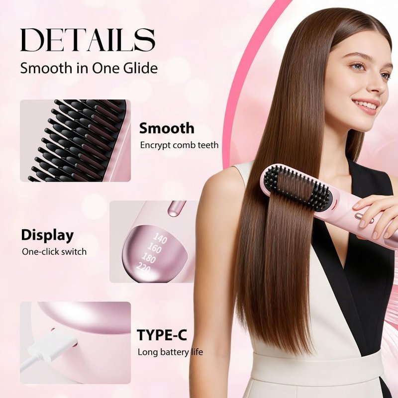 Pro Cordless Hair Straightening Brush - Fast Heating Ceramic for Short Hair | USB-C Rechargeable, Portable Pink Styling Tool