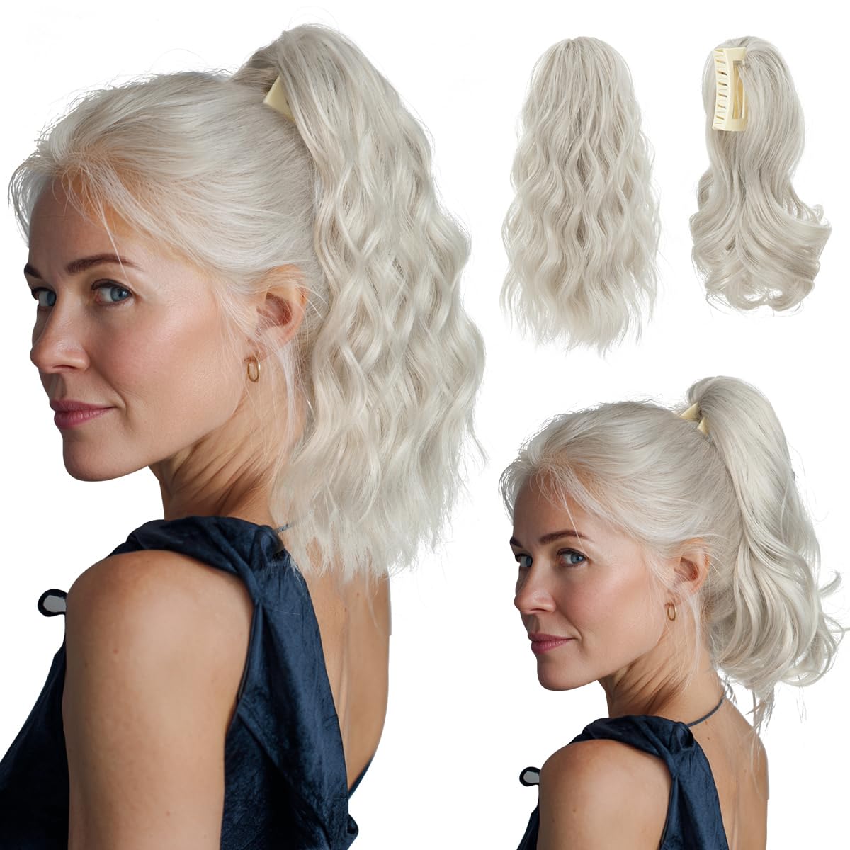 Ponytail Extensions - Wavy Curly Claw Clip Hairpieces for Women | 12" & 14" Beige Multi Set