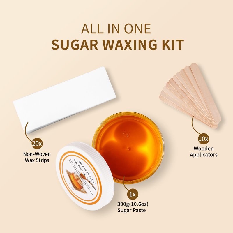 Sugar Wax Kit for Hair Removal: 10.6oz/300gOrganic Sugaring Wax for Body Legs Arms Bikini and Back - Includes 20PCS Strips & 10pcs Sticks