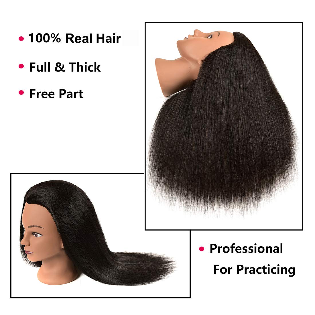 100% Real Hair Professional Mannequin Head, Cosmetology Manikin Practice Head, Upgrade Hairdresser Cosmetology Training Head For Styling Braid Curl Cut Practice (20'')