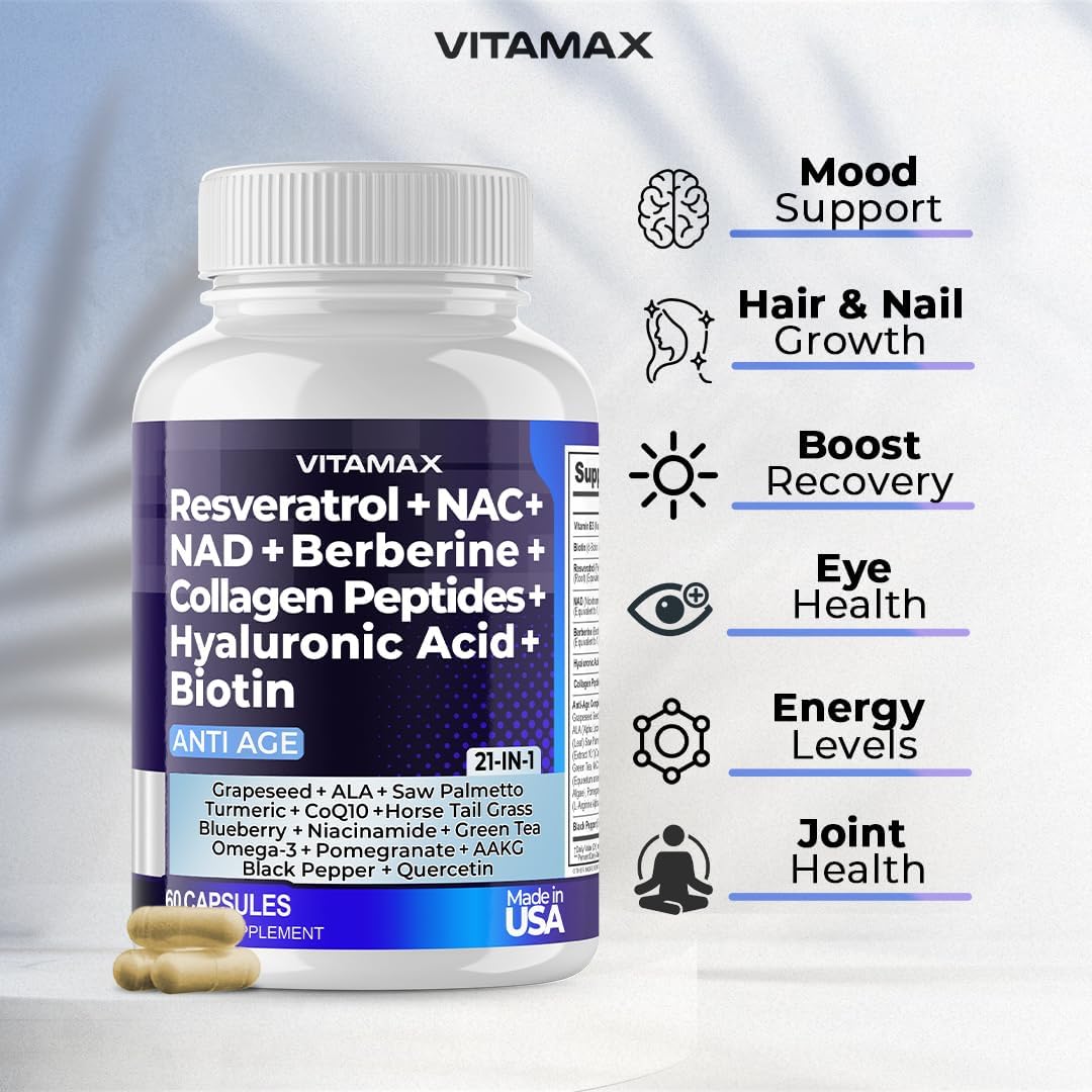 Resveratrol NAD+ Berberine Supplement - 21-in-1 Hair, Skin & Joint Support - 60 Capsules