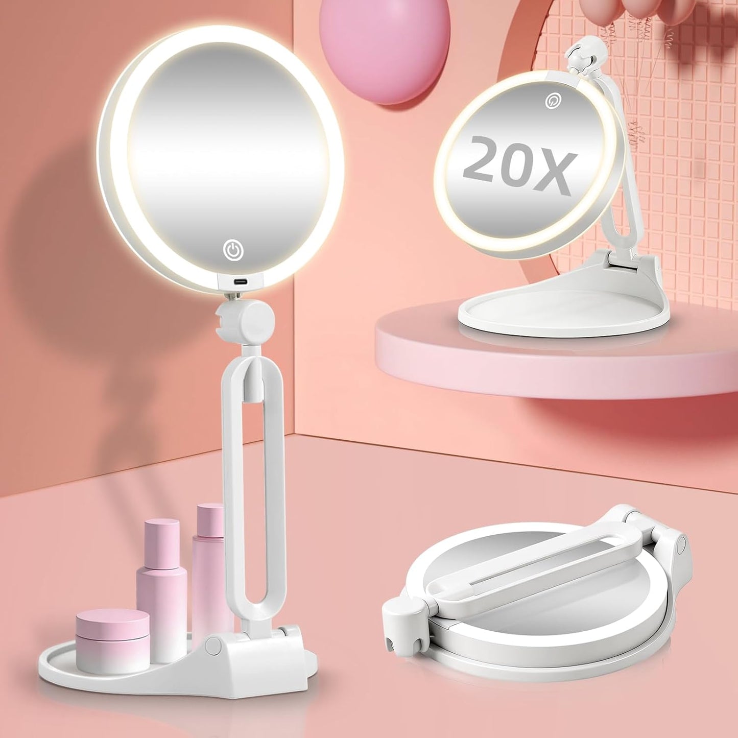 Magnifying Makeup Mirror with Light - 10X/1X Double-Sided, Rechargeable, 6-Inch Foldable Design | 3 Color Dimming