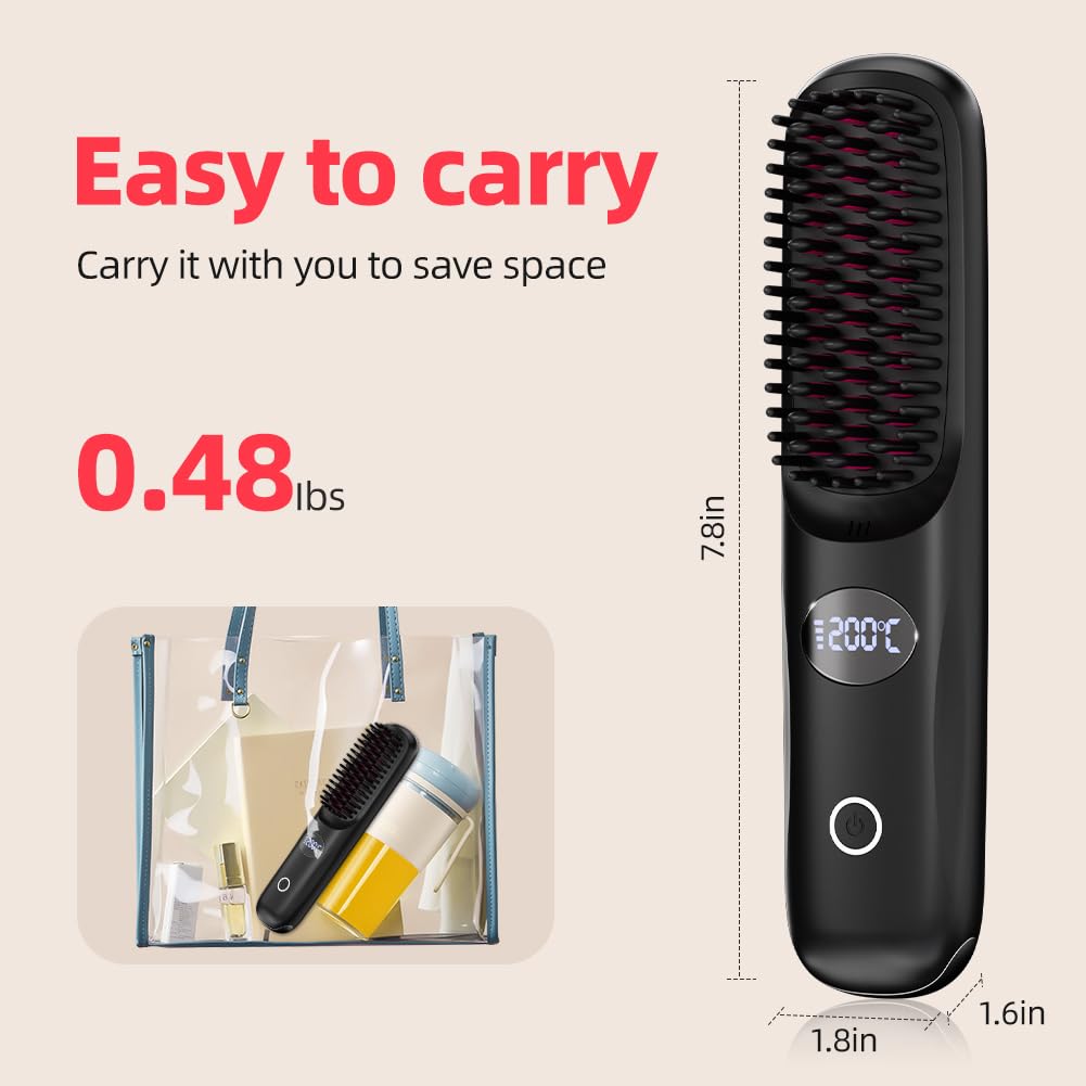 Cordless Hair Straightener Brush for Travel Portable Hair Straightener Comb with Negative Ion Mini hot Brush for Women, on-The-go Rechargeable with LED Display Anti-Scald Protection