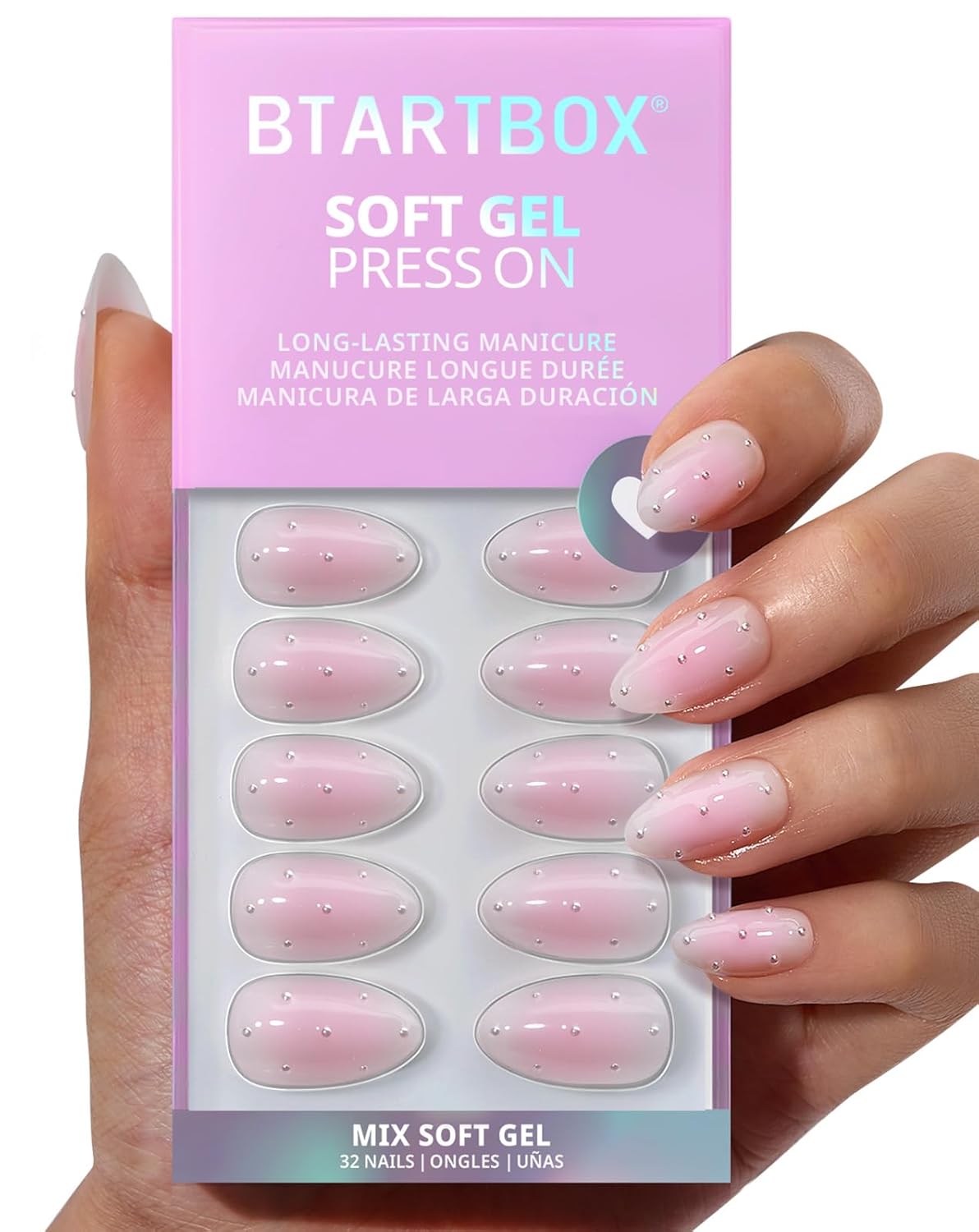 French Tip Press On Nails - Sunprint Dress | Lamp-Curable 4-Week Wear, Pink Short Almond, 16 Sizes, 32 Nails Kit