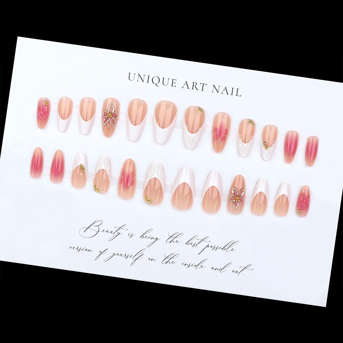 3D Pink Press-On Nails - Almond Medium French Tip with Embossed Flower & Gold Beads | 24 Pcs Glossy Reusable Full Cover Set