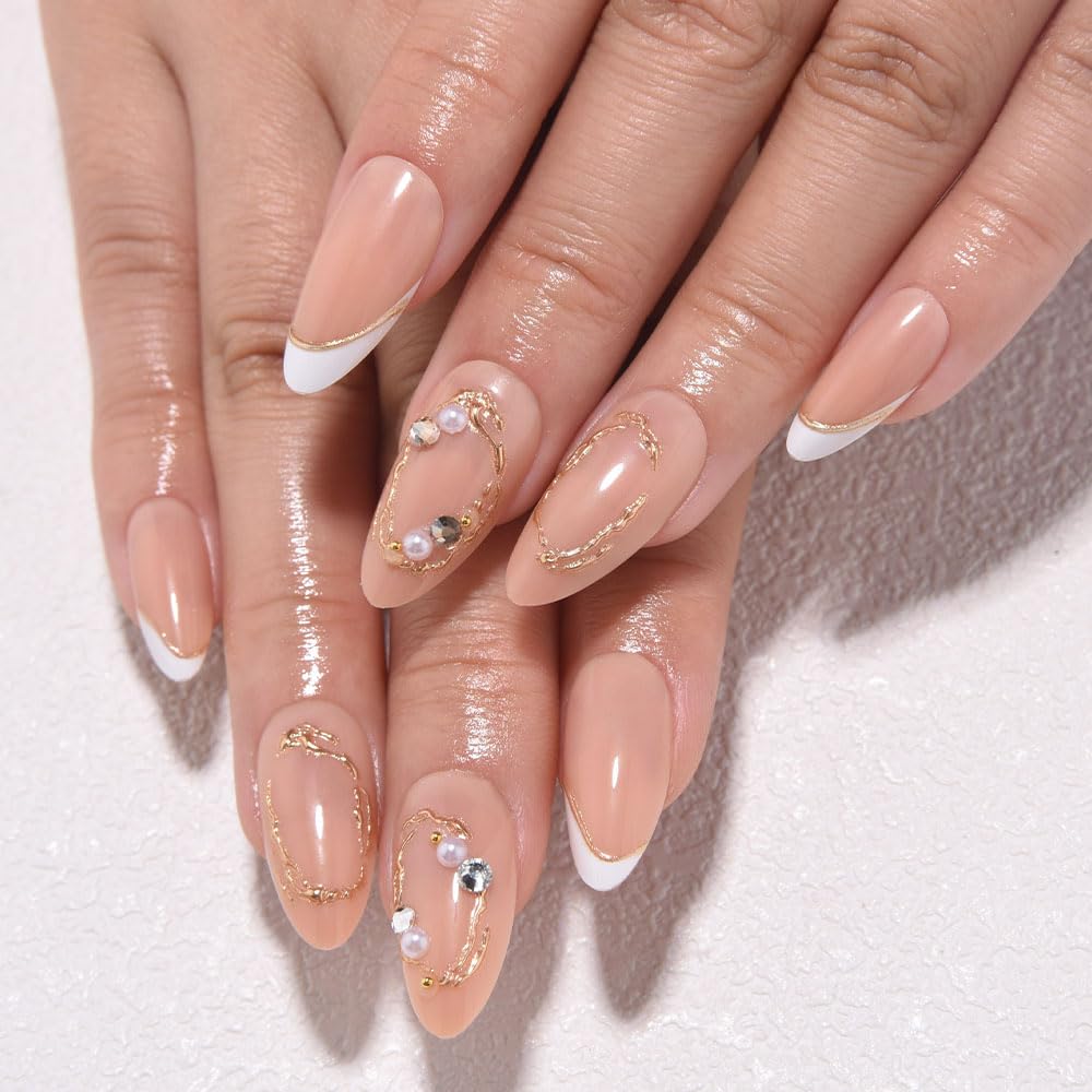 3D Gold Line French Tip Press-On Nails - Short Almond Glitter Light Nude | Handmade Acrylic Nails with 3D Pearl Designs