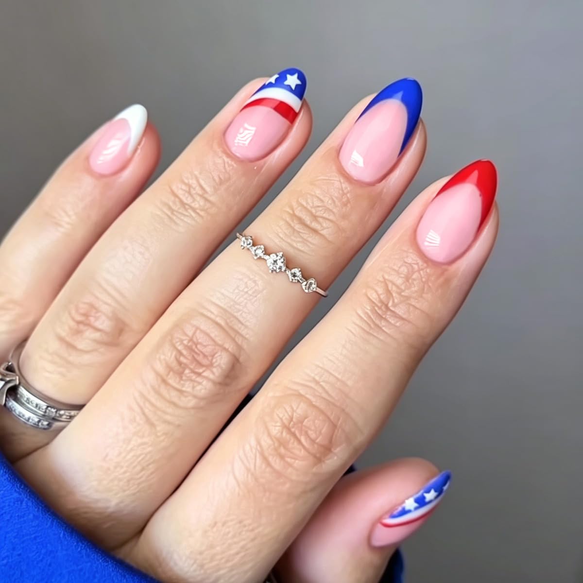 4th of July Press on Nails - French Tip Fake Nails with American Flag Design,Short Almond Patriotic False Nails Press ons for Women Independence Day Manicure 24Pcs